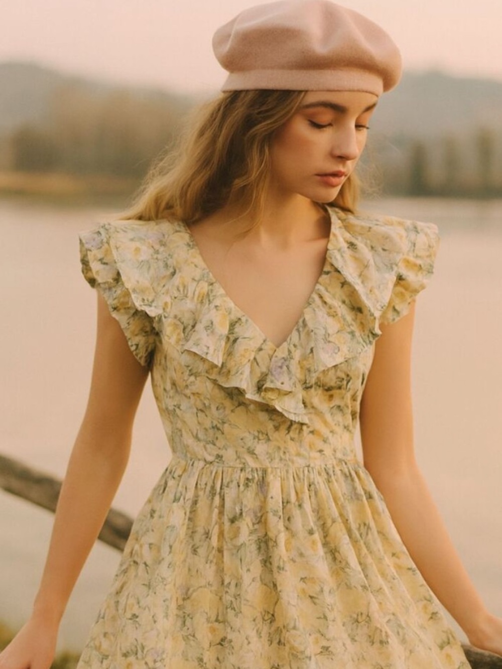 o.p.t.  Kate feminine floral midi dress.  Ruffle Neckline. Summer garden event. - Picture 3 of 9